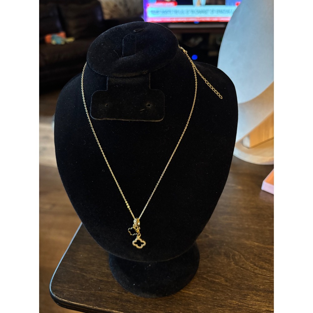 Gold Tone Double Clover Drop Necklace Black Enamel Adjustable Chain - Picture 5 of 5
